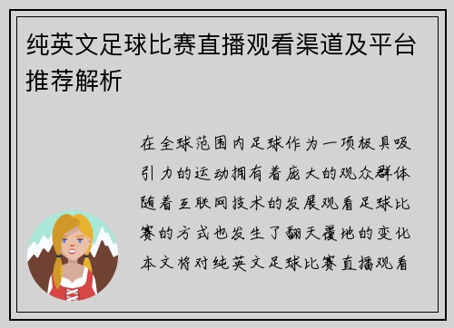 纯英文足球比赛直播观看渠道及平台推荐解析